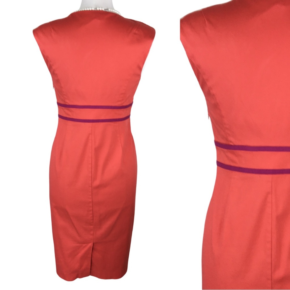 Boden Coral Peach with Fuchsia Ribbon Detail Sleeve Sheath Midi Dress size 8 - Picture 11 of 15
